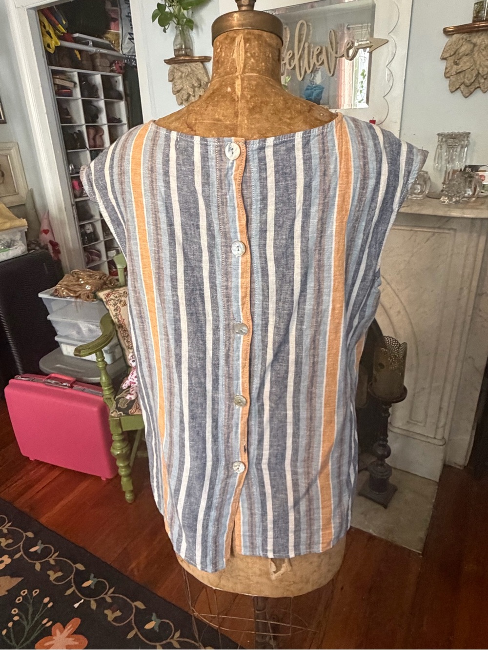 Max Studio Blue, Tan & White Striped Sleeveless Top - Picture 2 of 3